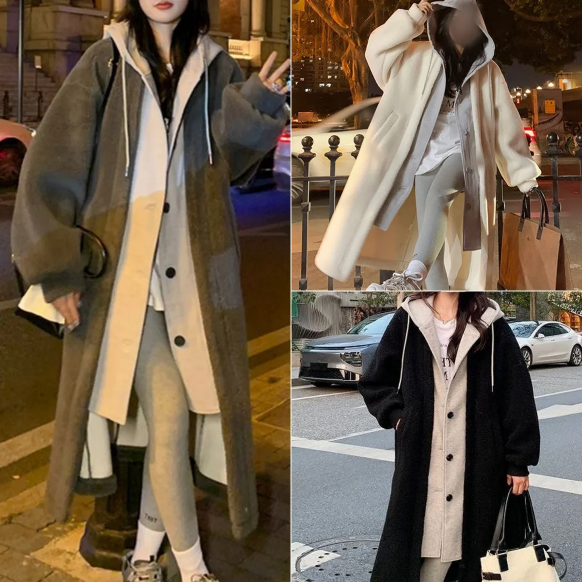 Płaszcz damski z kapturem Fake Two Pieces 2024 New Spring Korean Long Sleeves Lamb Causal Midi Jacket Female Single Breasted Outwears