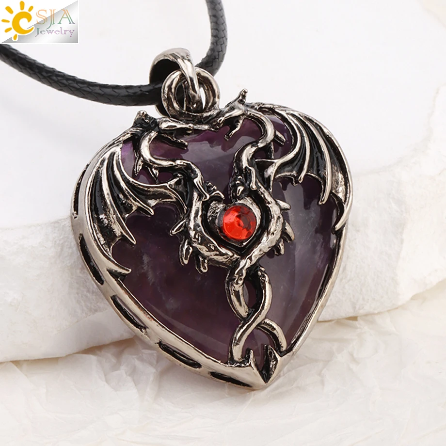 CSJA Double Dragon Necklace Natural Stone Heart Crystal Pendant Amulet Neckalces for Man Women Halloween Jewelry Gift H238