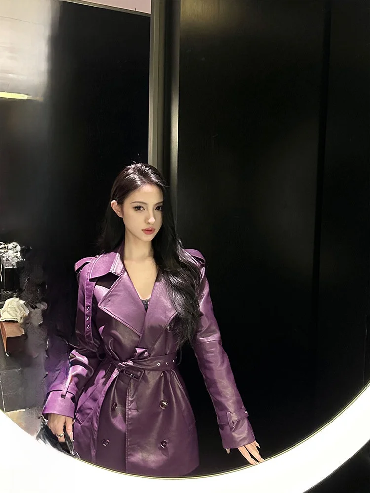 エレ パープル レザー ジャケット レディース カジュアル ハイエンド 秋冬 ヴィンテージ 多用途トップス フェイ スリ アウターウェア