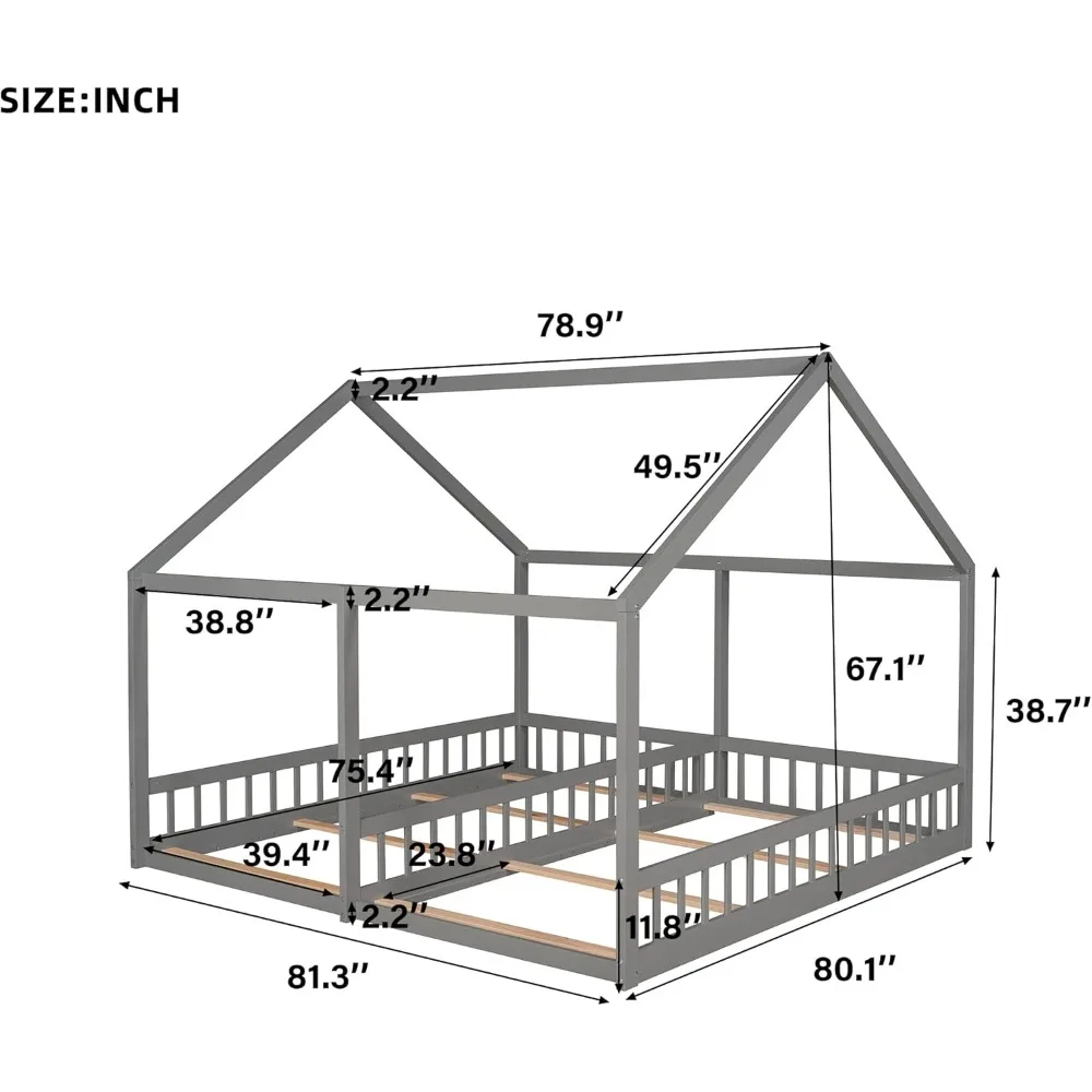 Lit double double pour 2 enfants, lit partagé double avec rambardes de clôture, cadre de lit au sol de la maison, taille jumelle avec toit ou enfants