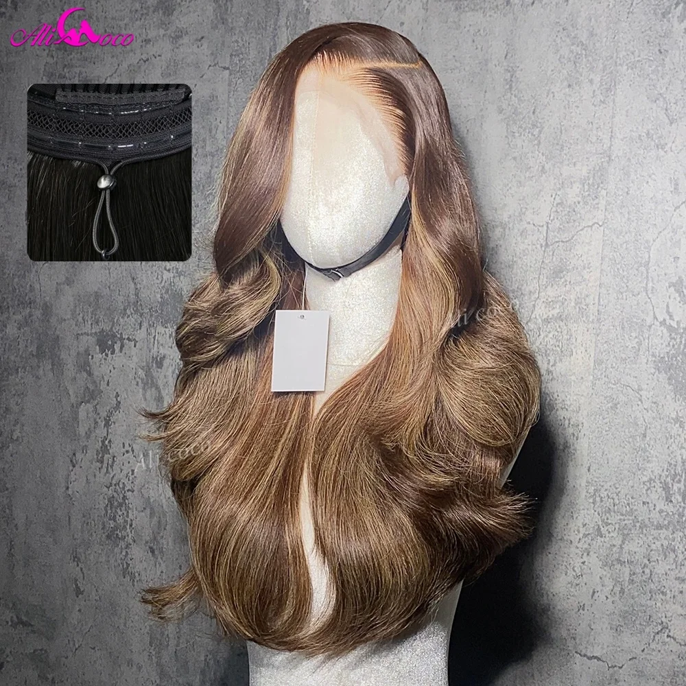 #4 Brown Mixed Blonde Ombre 13X6 180 Density 5X5 Closure Lace Front Glueless Body Wave Human Hair Wigs Drawstring Invisible HD
