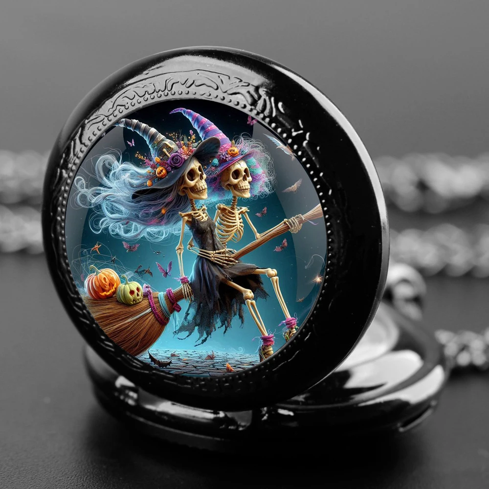 Kreative ‌Schädel Glaskuppel Quarz Taschenuhr mit Halskette Kette Anhänger Geschenk für männliche Männer Vintage Uhr Halloween Geschenke