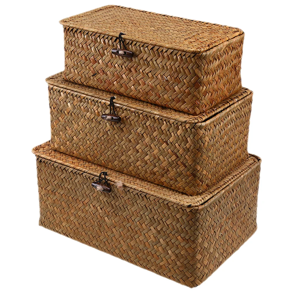 

3 Pcs Storage Basket Rattan Furniture Woven with Lid Garbage Can Seagrass Decorative Bins Lids Toy Case Makeup Organizer Office