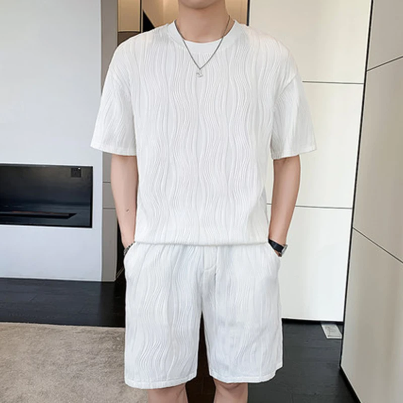 Summer Men's White Black Set Fashion Loose Round Neck Short Sleeved And Shorts Set 2 Pieces Man Tracksuits