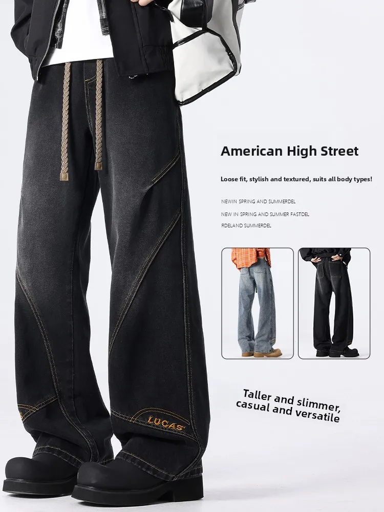 

Мужские джинсы свободного кроя в стиле пэчворк от американского трендового бренда, с вышивкой букв, в ретро-стиле, прямые, повседневные, длинные.