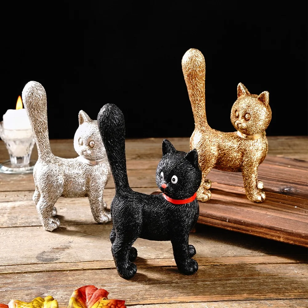 Nordic Wind Cocked Tail Cat Resin Ornaments Gold Silver and Black Cartoon Cat Desktop Decoration Crafts Animal Ornaments