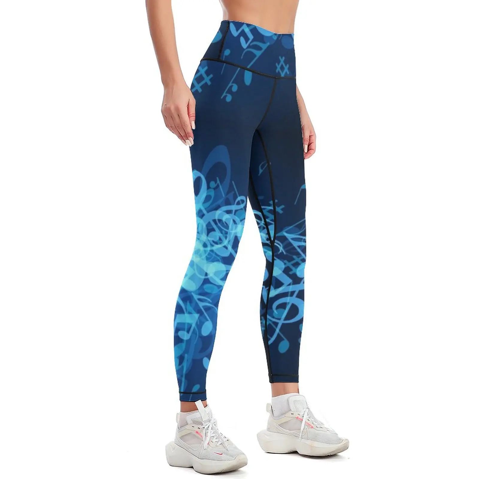 Blue Glow legging olahraga wanita, Legging fitness gym catatan musik, CELANA Jogger untuk perempuan