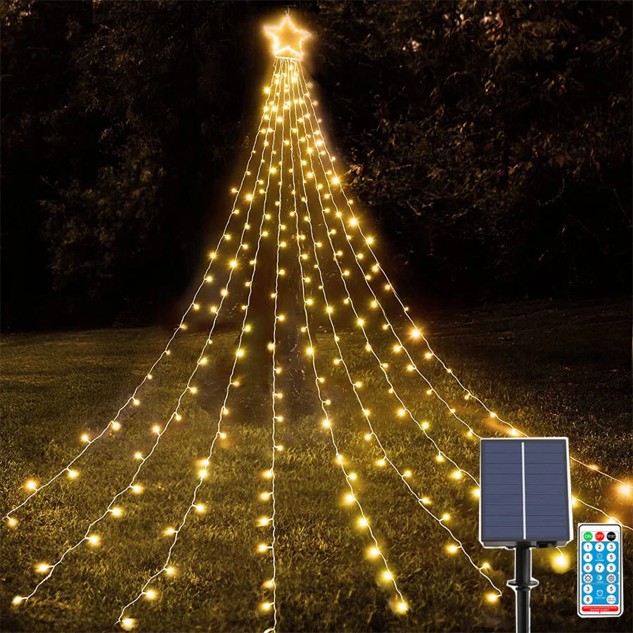 9X3.5M Solar Christmas Star Fairy Lights Solar Waterfall Christmas Tree Lights with Star Topper Garland Light for Outdoor Decor