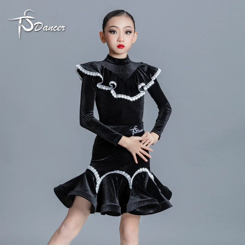 

Платье для латинских танцев, платье для выступлений для девочек, профессиональная практика, бархатное детское платье для выступлений с длинными рукавами, комплект