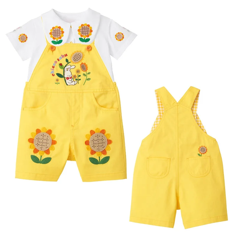 

Japanese New Girls' Overalls Cartoon Rabbit Sunflower Embroidered Strap Pants Shorts Baby Girl Clothes Korean Kids Casual Pant