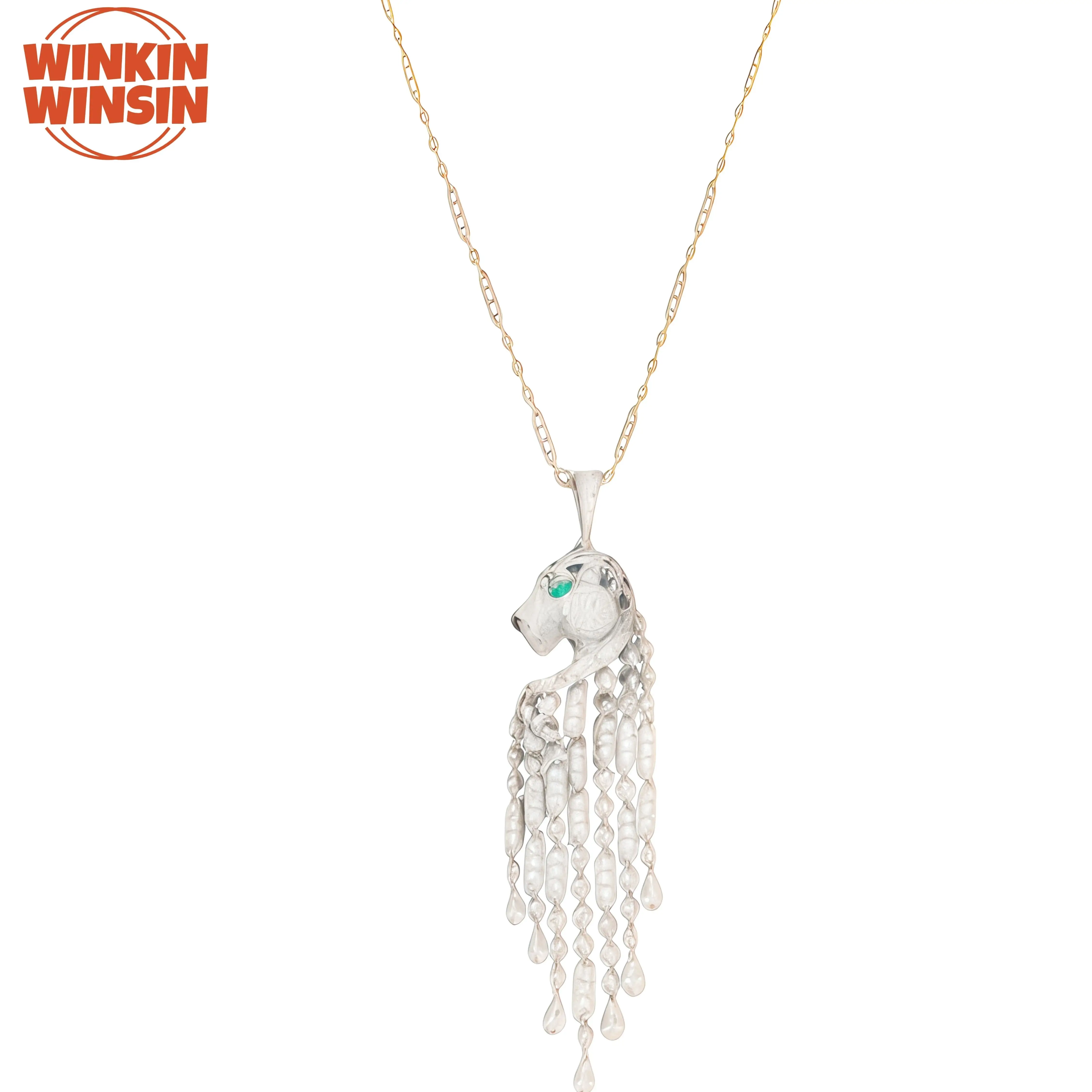 

WinkinWinsin Real 925 Sterling Silver Retro High quality Green Eyed Leopard Tassel Necklace Women Necklace Pendant Jewelry