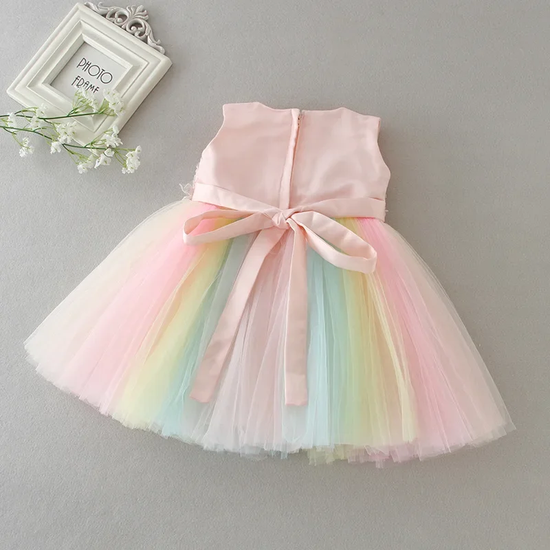 Baby Applikationen formelle Prinzessin Kleider für Mädchen Regenbogen Tüll Geburtstags feier Kleid Baby Mädchen Kleid Baby kleidung 3-24m