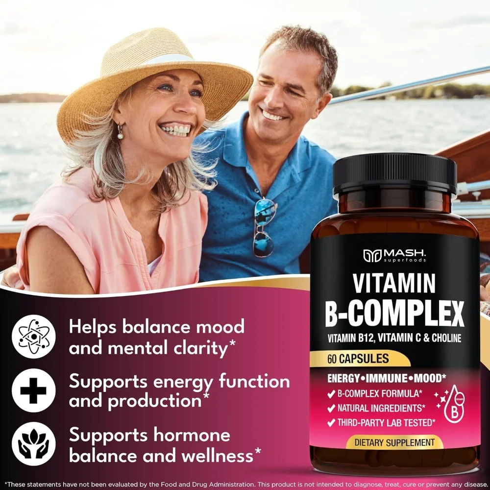Vitamin B Complex Capsules with B6 B12, Vegetarian Support Daily Energy, Stress Relief, Metabolism, Immune & Nervous System
