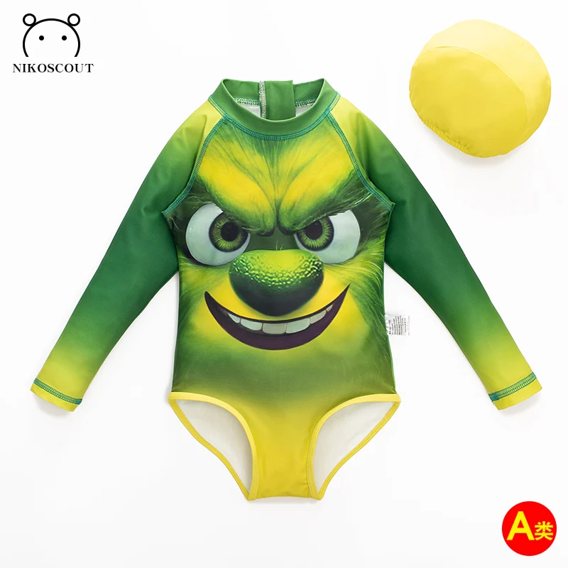 

Baby Swimsuit Girls Kidsren Long-Sleeved Kidsren Girls Cute Green Fur Monster Sun Protection Quick-Drying One-Piece Swimsuit