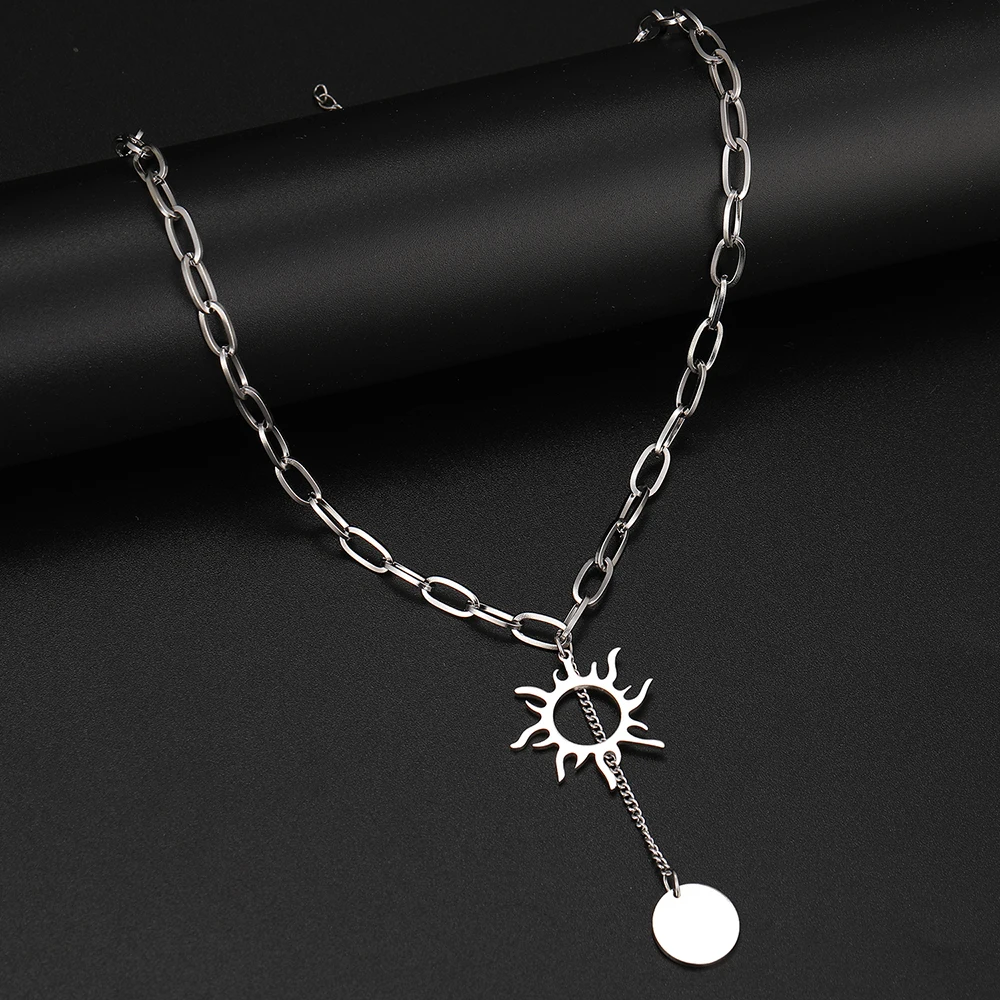 Stainless Steel Necklaces Delicate Sun Totem Geometric Round Tassel Pendants Goth Punk Chains Fashion Necklace For Women Jewelry