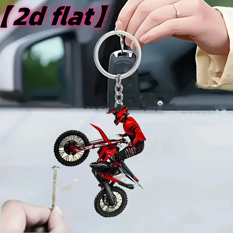 2D Flat Motorcycle Keychain - Stunt Rider Design - For Backpacks and Cars - Flat Acrylic Pendant, Motorcycle Gift, Durable Clip