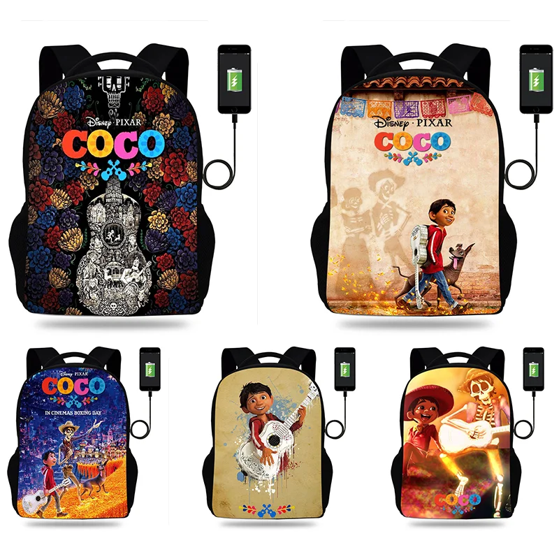 Fashion Coco Cartoon zaino Boy Girl adolescente borsa da scuola ricarica USB viaggio quotidiano zaino di grande capacità Mochila