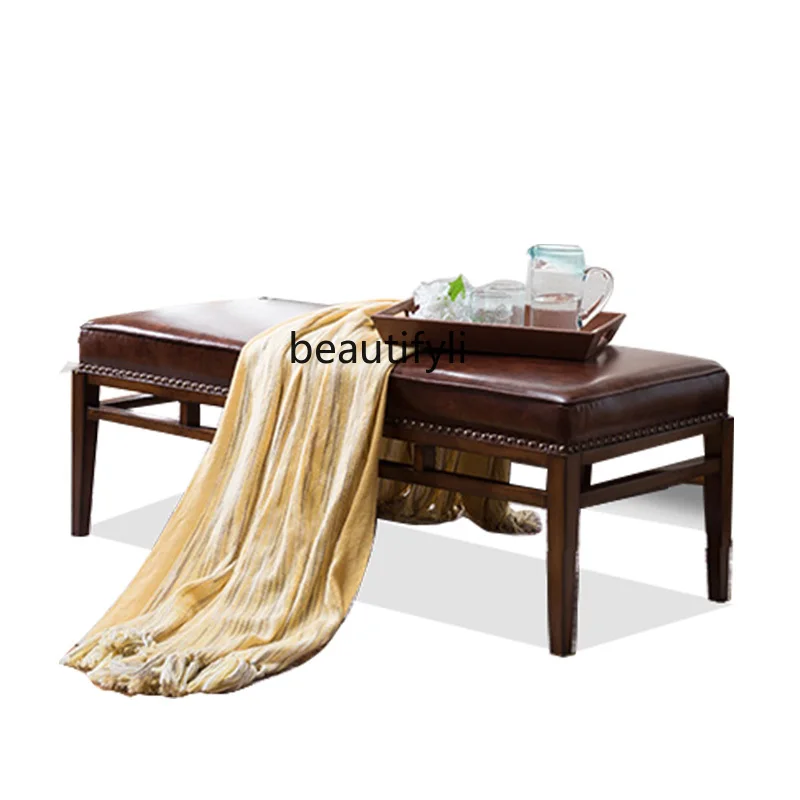 

New Chinese American style end stool leather solid wood sofa stool bedroom bedside bed front stool