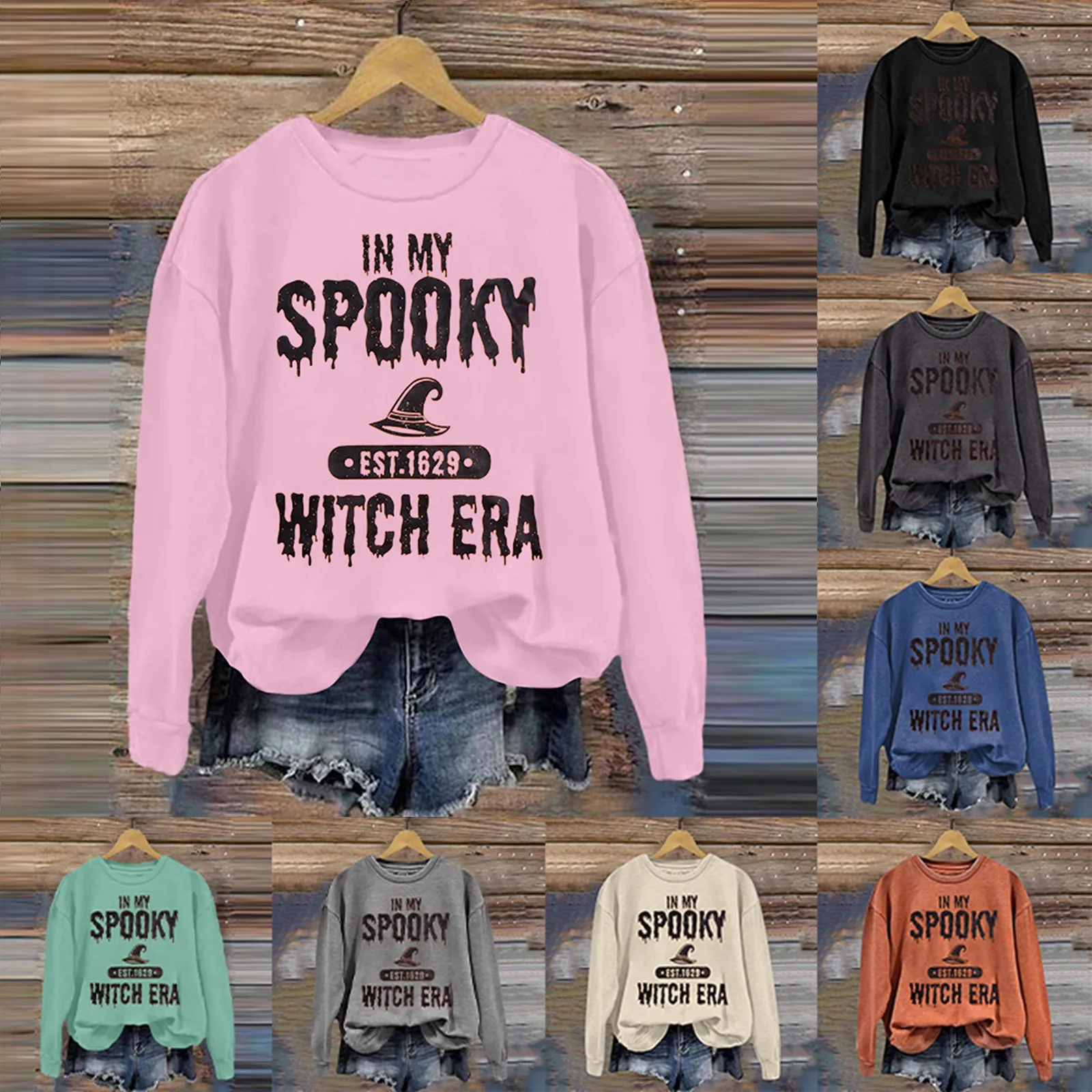 Women'S Halloween Printed Hoodie Witch Letters Printed Fashion Trend Hoodie Round Neck Long Sleeve Thin Comfortable Top