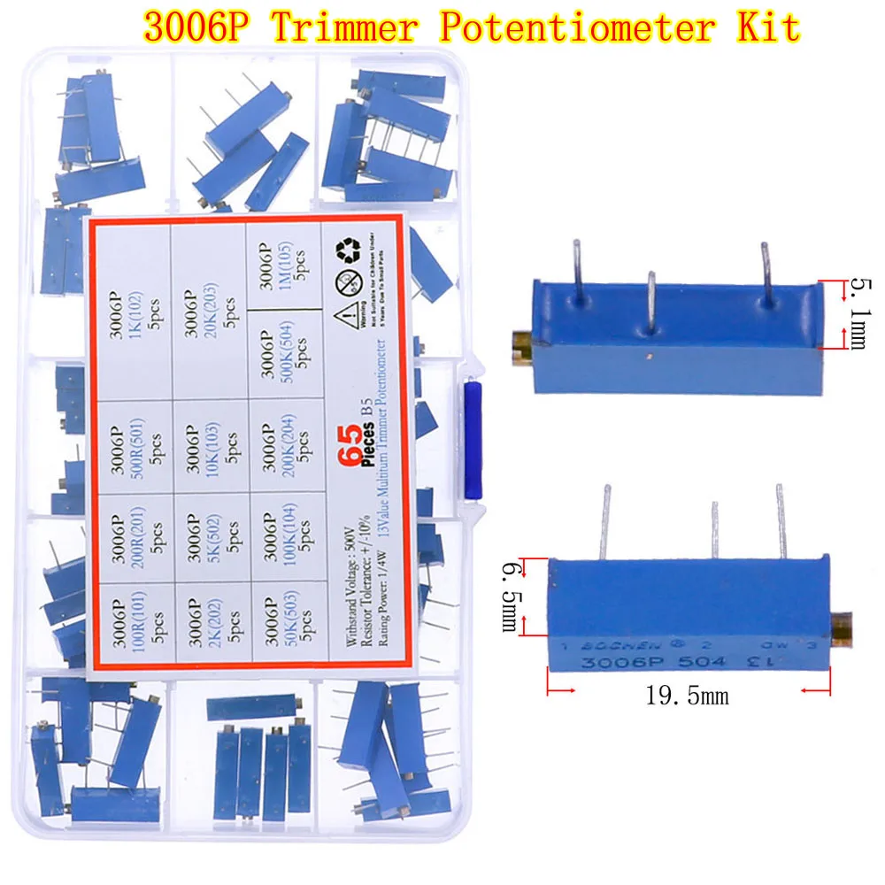 RM063 RM065 3296W 3296X 3362P 3386P 3266W 3006P Trimmer Potentiometer Kit 100 200 500ohm 1K 2K 5K 10K 20K 50K 100K 200K 500K 1M