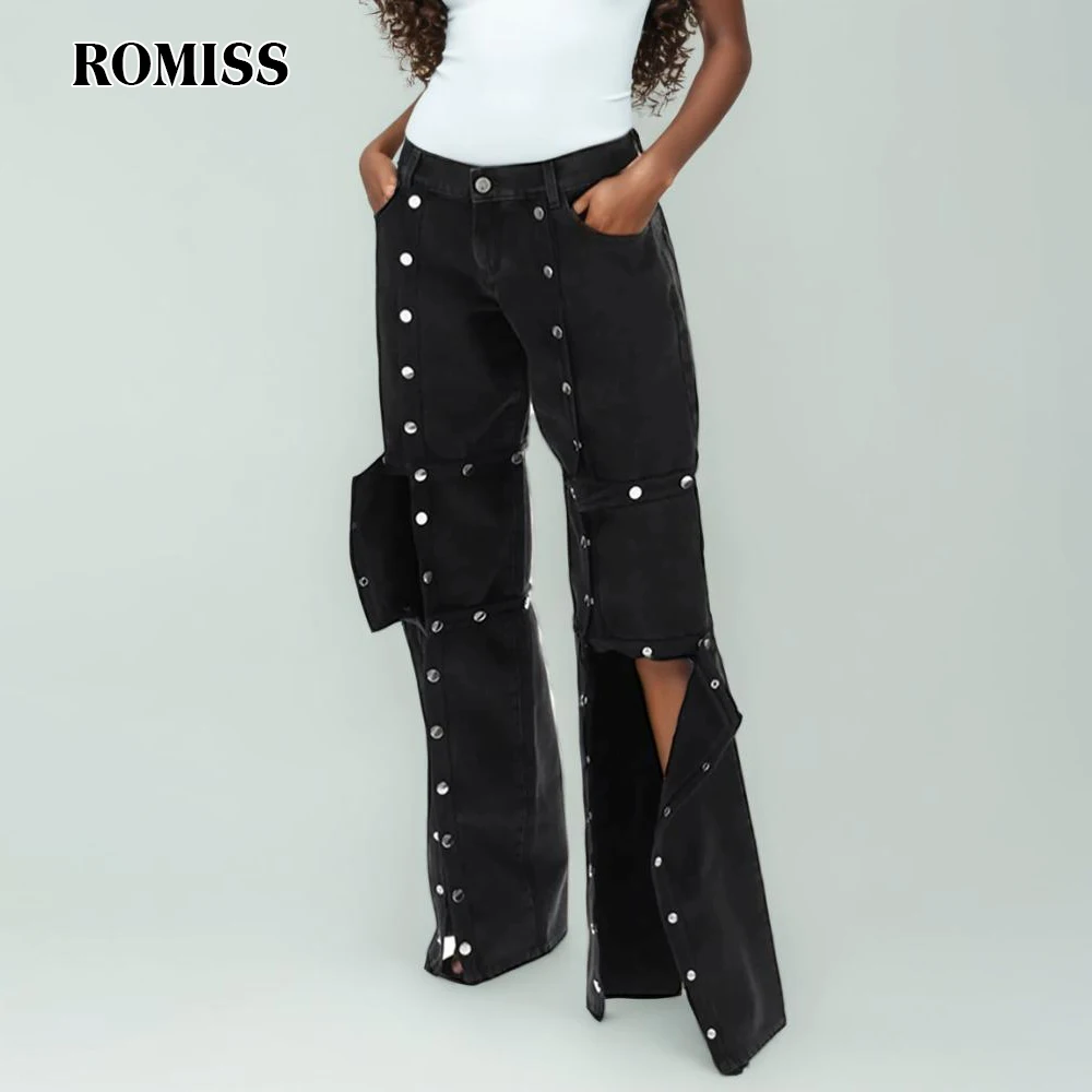 

ROMISS Streetwear Patchwork Buttons Wide Leg Pant For Women High Waist Spliced Pocket Designer Denim Pants Female Fashion