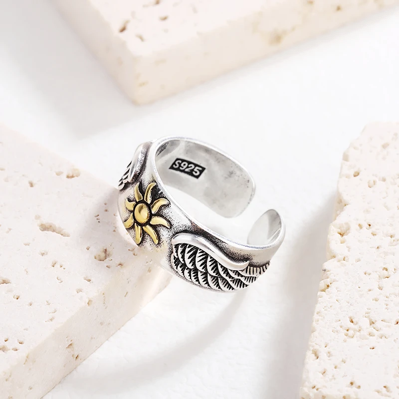 

Подошва с эффектом памяти, винтажное тайское серебряное кольцо с крыльями ангела, солнце, стерлинговое серебро 925, кольцо с изменяемым размером для женщин, ювелирные изделия RI1301