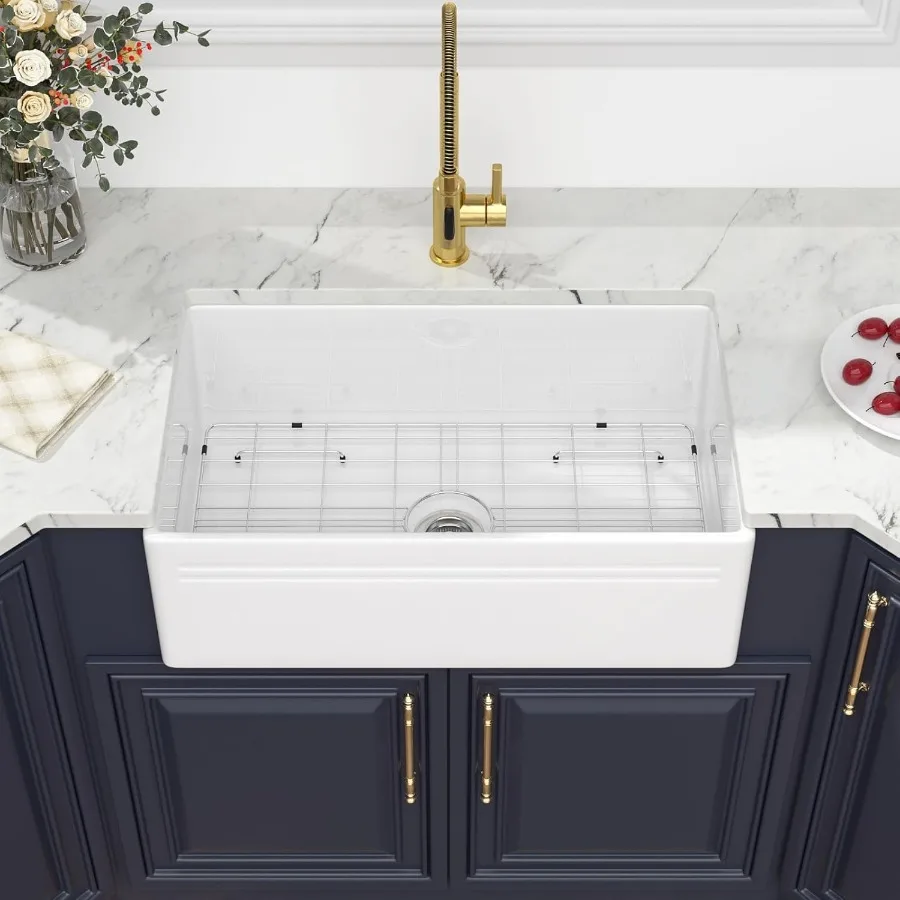 

30-дюймовая белая кухонная мойка для фермерского дома с плоским фартуком и одной чашей, прямоугольная керамическая фарфоровая раковина для современного R