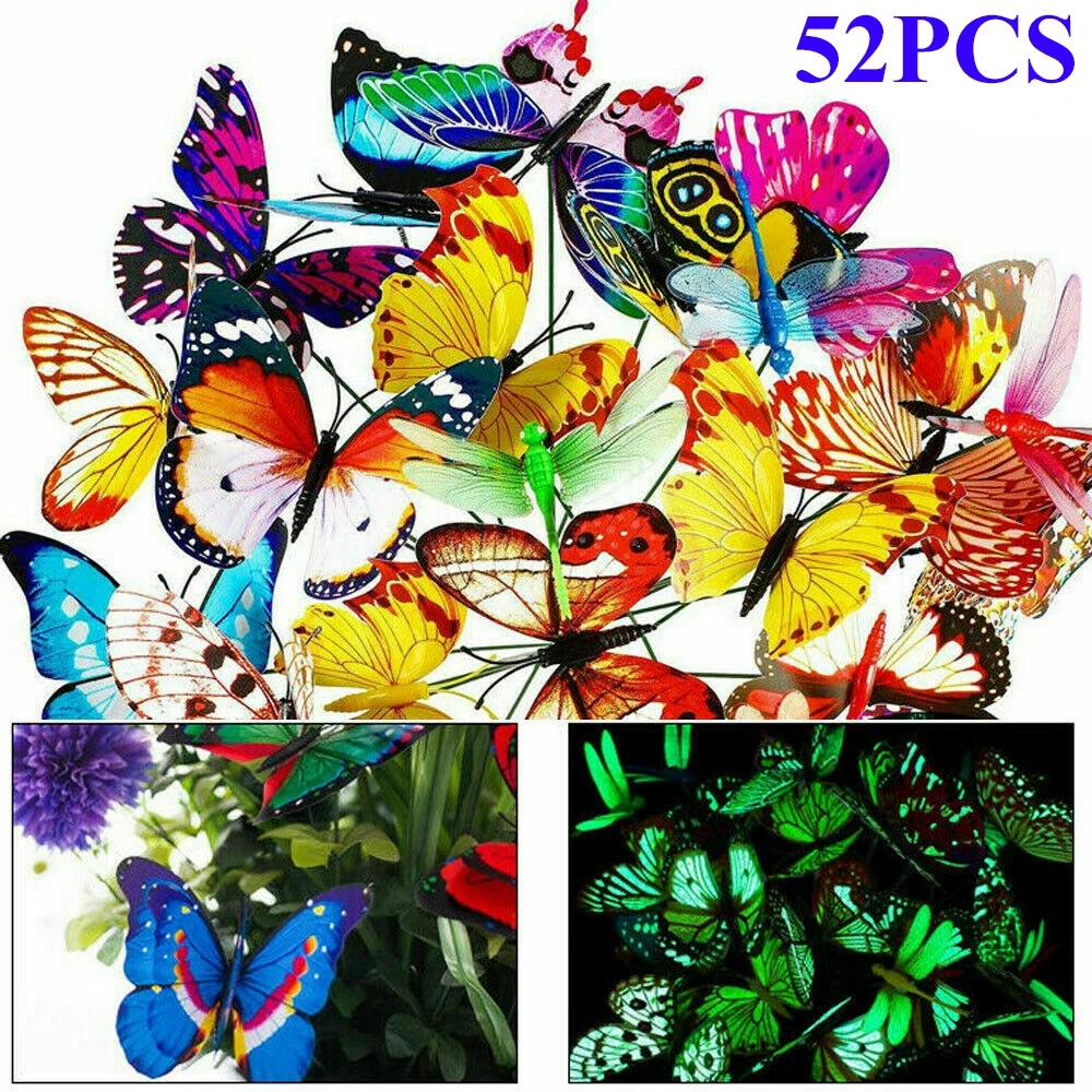 52 Pcs Butterflies and Dragonflies Stakes Waterproof Ornaments on Sticks glow in the dark butterfly for Outdoor Patio Garden