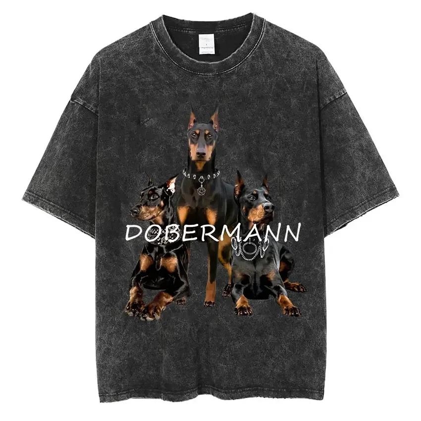 Rottweiler Doberman Retro Graphic Tee Shirt Men\'s Vintage Washed Short Sleeve T-Shirt Men Hip Hop Oversized T Shirts Streetwear