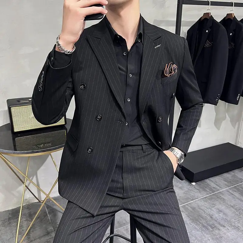 

(137) Double-breasted suit for men, autumn Korean style slim fit khaki striped suit, business suit, groom's suit