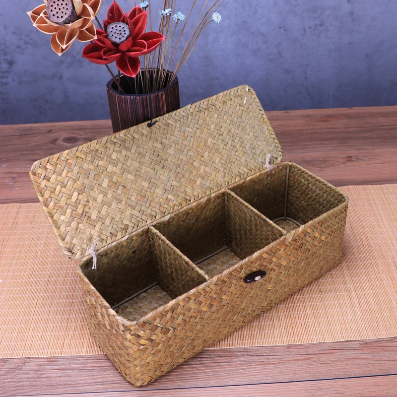 Straw Weaving Storage Boxes Makeup Organizer Jewelry Box Storage Of Things Desk Clothes Tea Party Kitchen Office With Lid