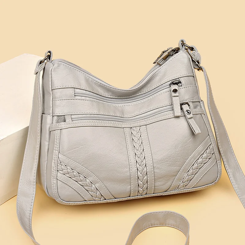 Bolso de hombro de cuero pu suave de alta calidad para mujer, bandolera de gran capacidad, sólido, femenino