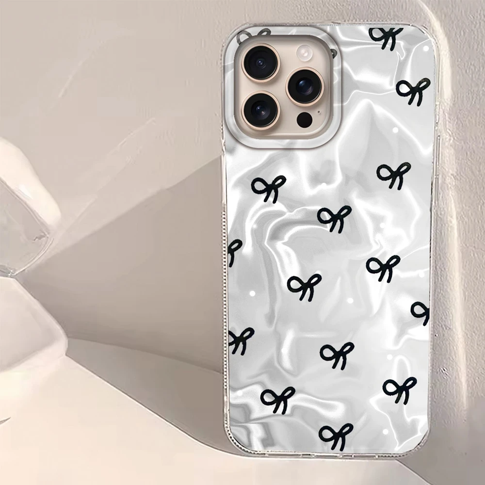 Kreisförmige Punkte, schwarze Schleife, Damen- und Mädchen-Wasserstruktur-Handyhülle für iPhone 16 15 14 7 8 Plus 13 11 12 Pro Max X XS XR SE2022 Cover