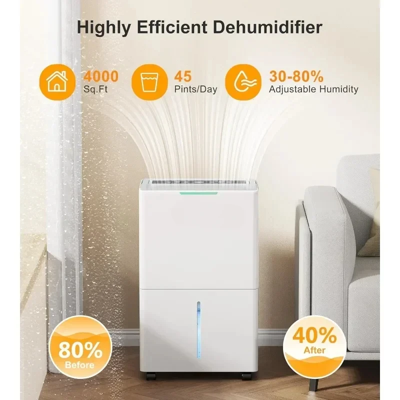 4,000 Sq.Ft Dehumidifier for Basement Drain Hose Dehumidifiers for Home Large Room Bedroom Intelligent Humidity Control