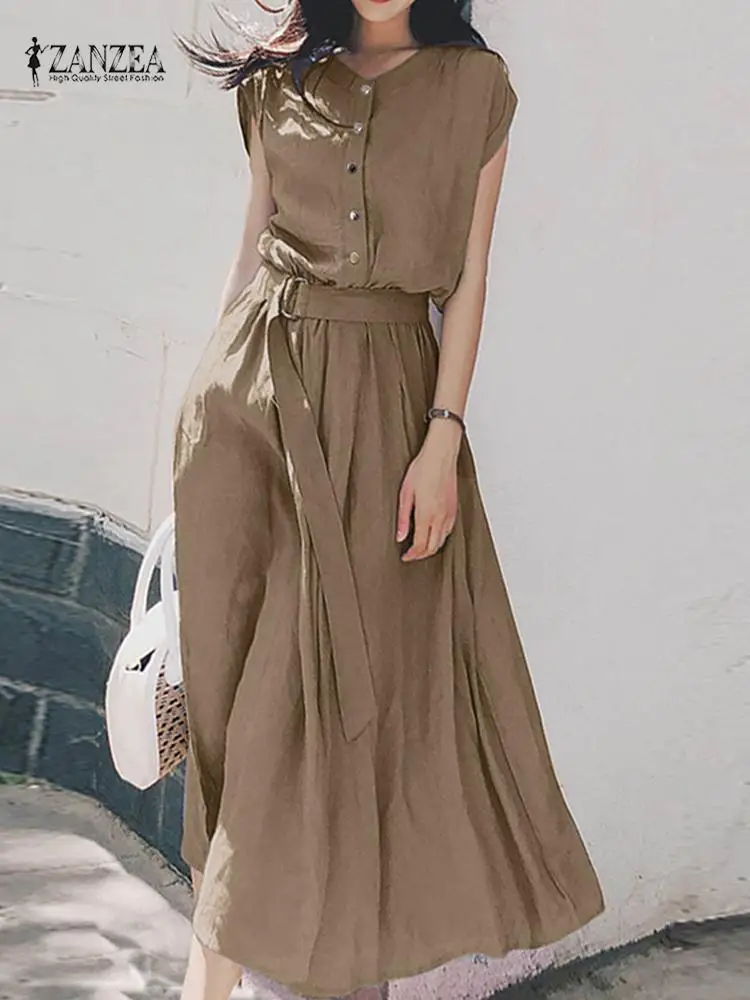 Summer Long Shirt Dress A Line Solid Sundress Women Elegant Work OL Dresses ZANZEA Short Sleeved Belted Vestidos Oversized Robe