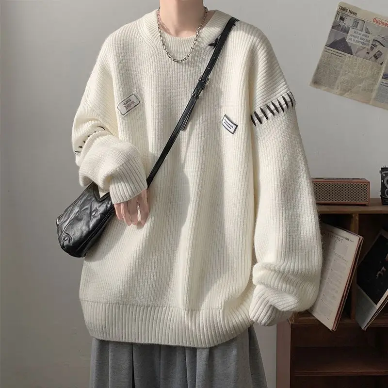 

Korean O-Neck Knitted Pullovers Autumn Winter Long Sleeve Men's Clothing Chic Patch Designs Spliced Basic Solid Color Sweaters