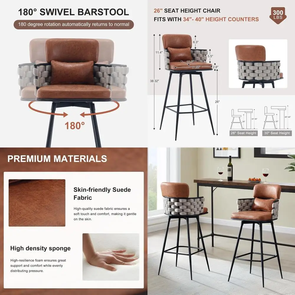 Bar Stools Set o 2, 26inch Counter Height Bar Stools, Swivel Hand-Woven Barstool, -Century Upholstered Suede abric Bar Chair wit