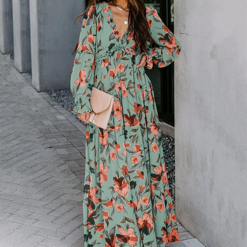 Elegante floral feminino verão praia vestido longo primavera casual plissado em camadas de manga comprida vestidos maxi vestidos de festa