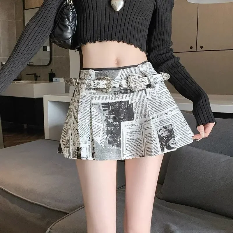 Spring/Summer New American Mini Skirt Girl Retro Sweet Cool High Waist Slimming A-line Skirts with Belt Inner Lining Shorts