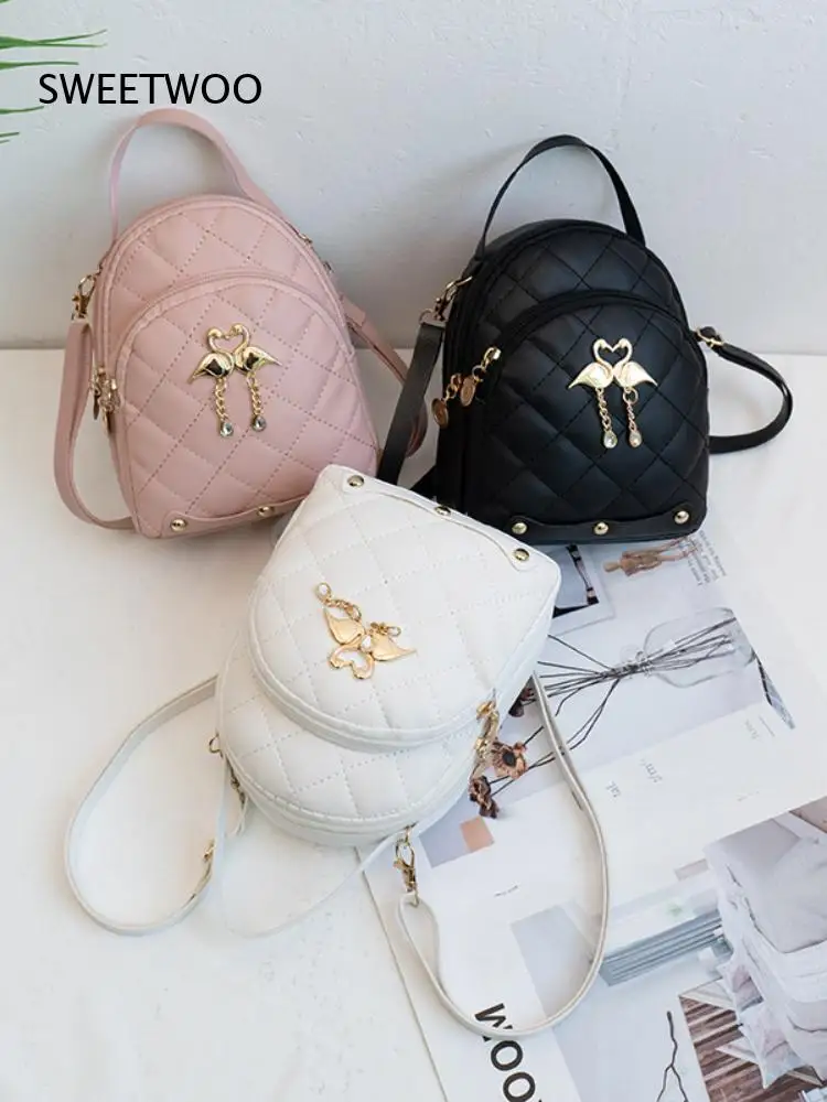 Ladies Elegant Diamond Quilted Small Backpack Cute Metal Bird Charm Decor Multi Purpose Portable Lightweight Mini Rucksack