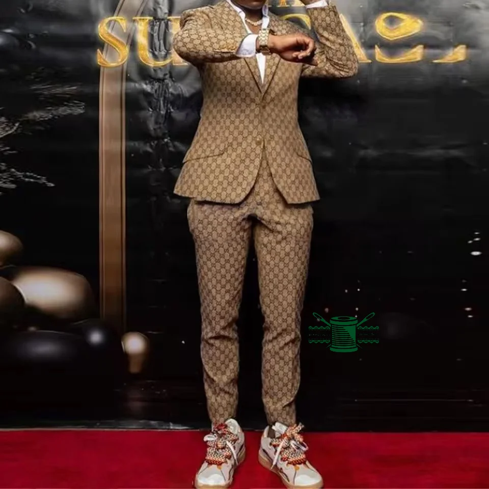 High-End Jacquard Men Suits 2 Piece Fashion Single Breasted Blazer Sets Chic Prom Party Groom Wedding Tuxedo (Jacket+Pants)