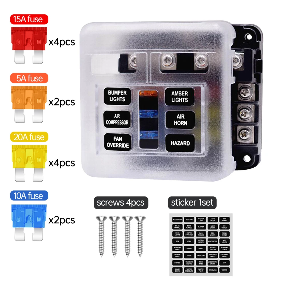 6 Ways  Car Blade Holder Fuse Box Modified Terminal Block Fuse 6Ways with LED Warning Light for Car Boat Marine Trike 12V 24V