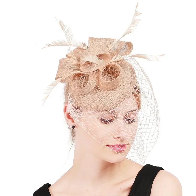 Elegant Women Chic Mesh Headwear Hoops Fascinator Hat Mesh Fancy Feather Hair Accessories Chapeau Cap Party Dinner Headpiece