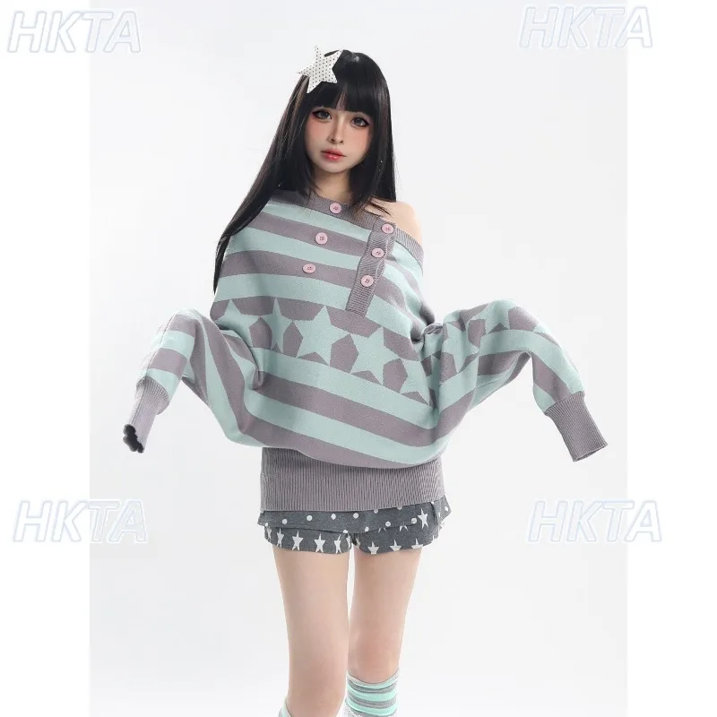 Original Japanese Striped Slanted Shoulder Sweater Pullover Autumn Winter Cute Star Bat Sleeve Knitted Y2k Sweater Outerwear Top