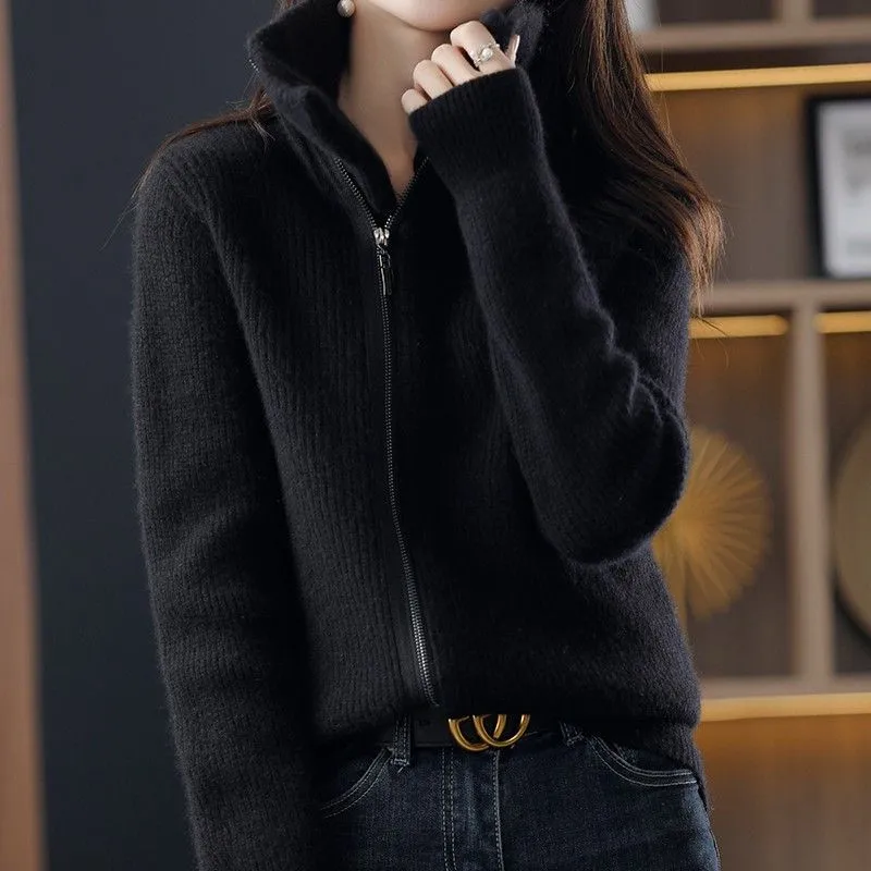 سترة نسائية محبوكة بسحّاب من Thiened سترة نسائية شتوية مفتوحة القمر Sle ملابس خارجية بياقة عالية سترة طويلة فضفاضة مناسبة