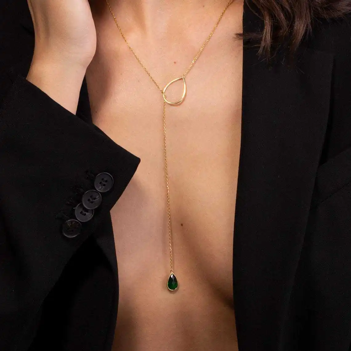 

Сексуальное зеленое ожерелье-капля со стразами, элегантные украшения для платья с открытой спиной, минималистское ожерелье с Y-образной спинкой для банкета