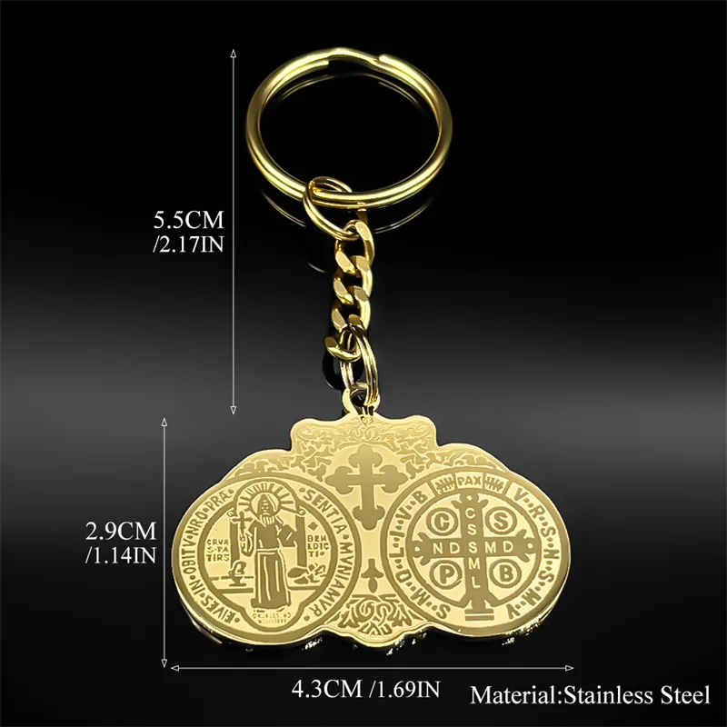 Catholic Saint Benedict Cross Medal Key Rings for Women Men Stainless Steel Gold Color Religious San Benito Key Chain Jewelry - Image 6