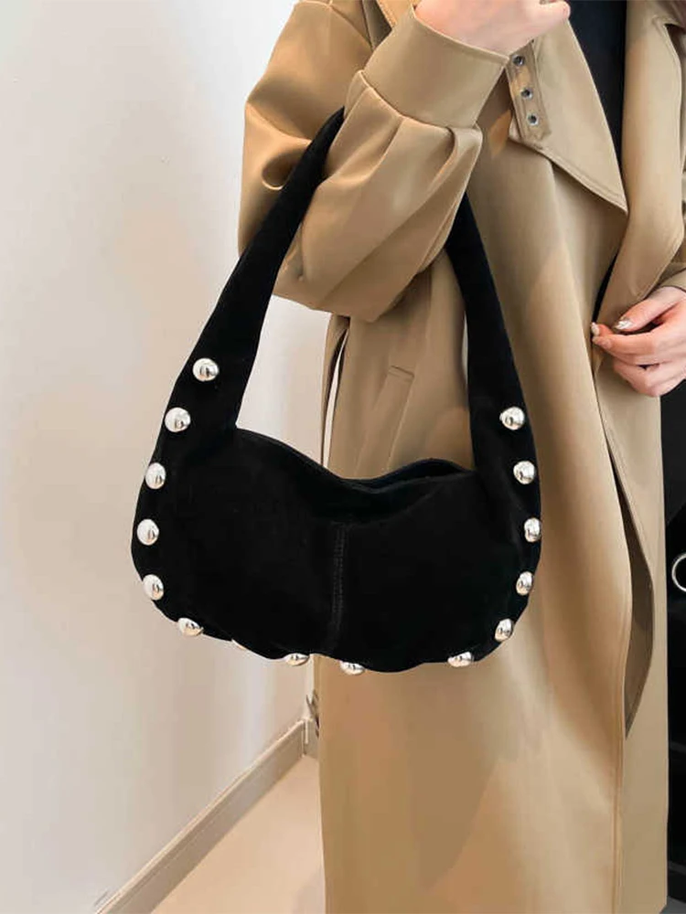 Punk Style Rivets Design Shoulder Bags for Women Faux Suede Fashion Luxury Lady Underarm Bag Female Handbags