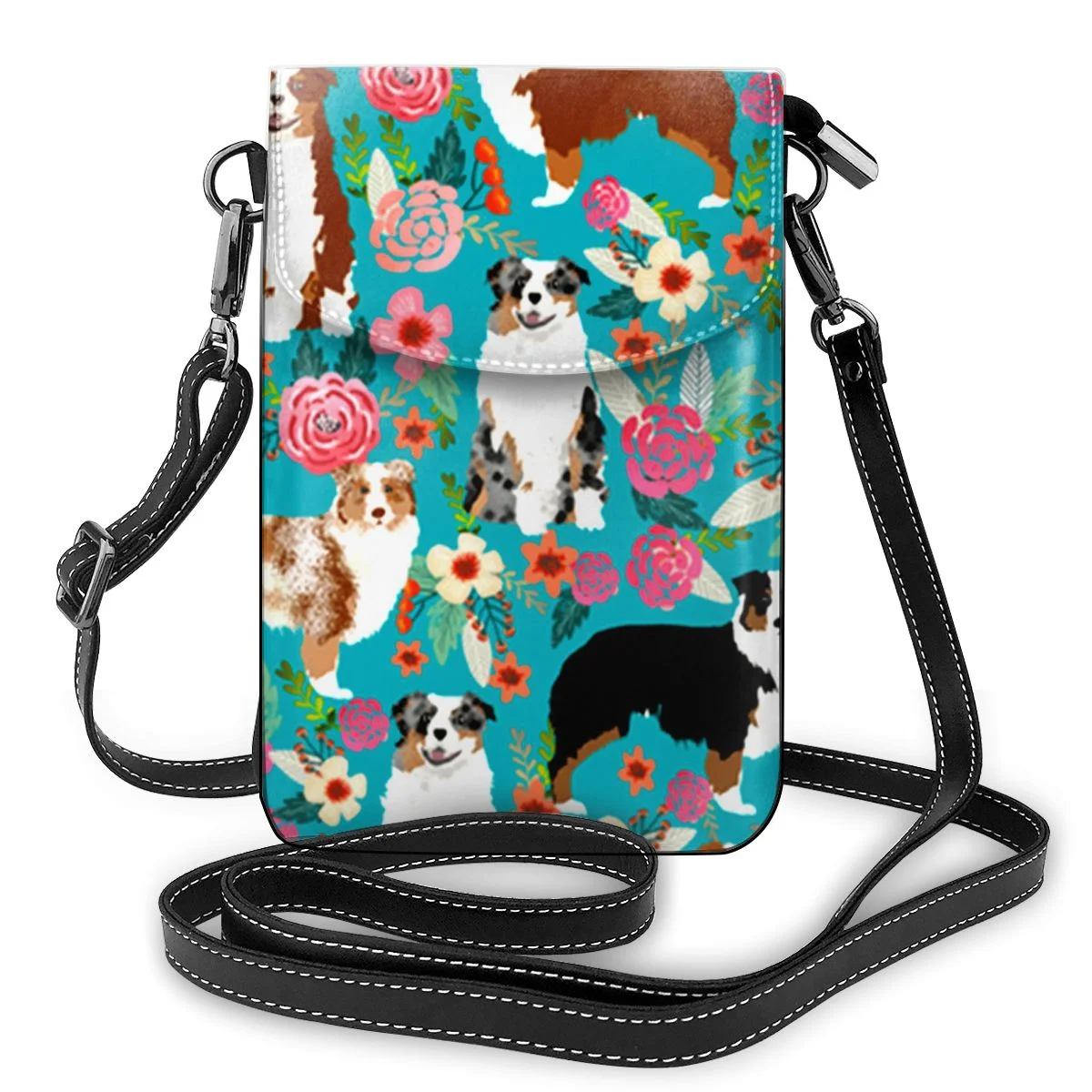 

Australian Shepherd Dogs Floral Mini Shoulder Bags Key Money Cell Phone Holder Case Purse Small Wallet Pouches