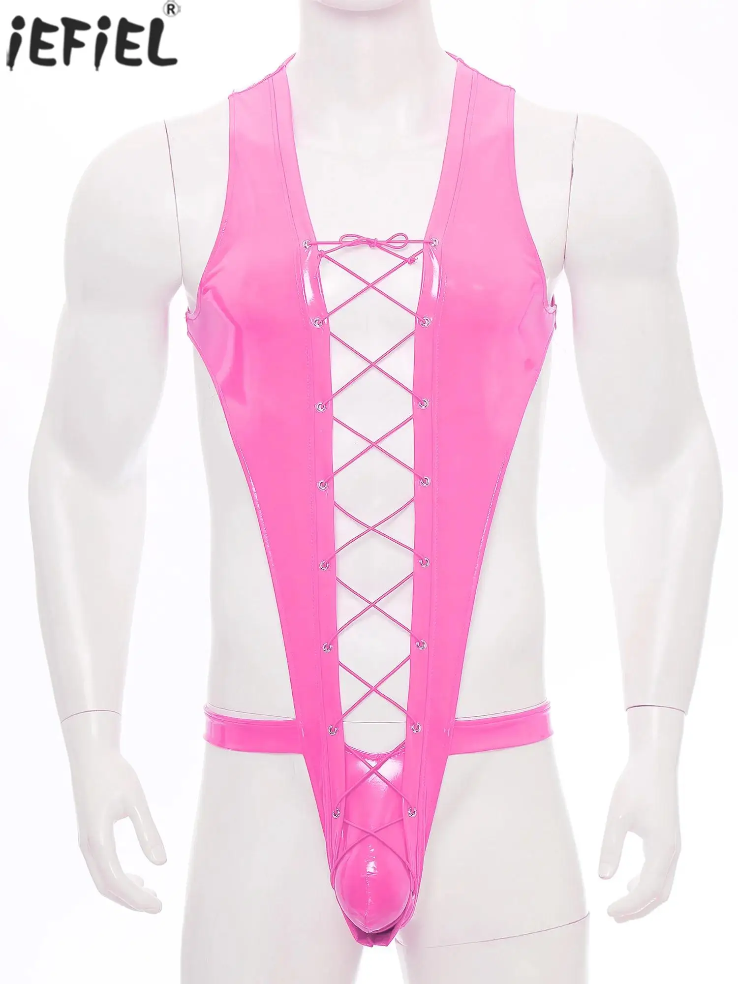 

Adult Men's Gays Pink Patent Leather Lingerie Bodysuit Sexy Cutout Teddies Pajama Shiny Leather T-back Thong Bulge Pouch Catsuit